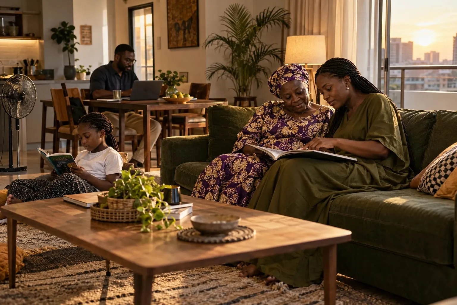 A family at home with power on during an outage